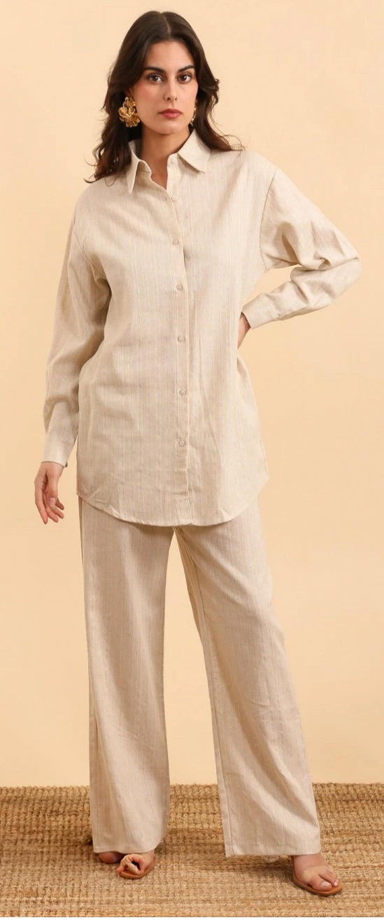 Beige linen set golden stripe